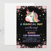 Floral Roos Eenhoorn Verjaardagsuitnodigingen Kaart (Voorkant / Achterkant)