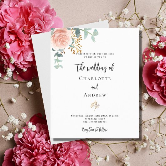 Floral roos eucalyptus budget bruiloft uitnodiging