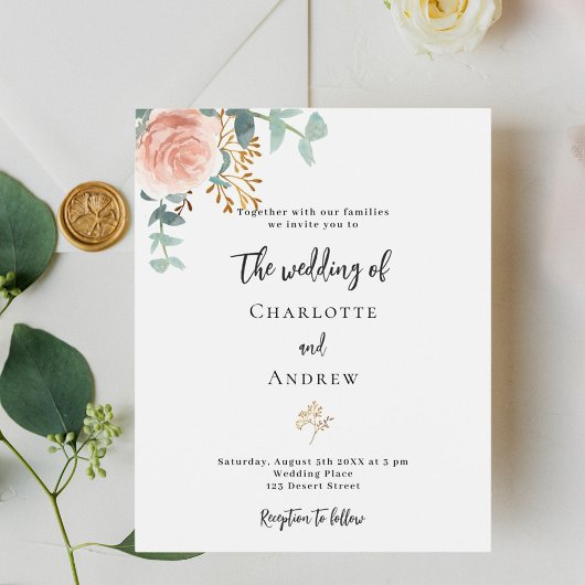 Floral roos eucalyptus budget bruiloft uitnodiging