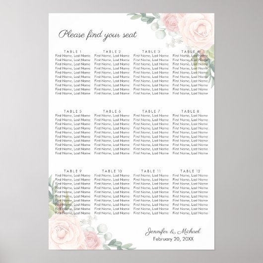 Floral Roos & Garden Greenery Seating Chart Poster (Voorkant)