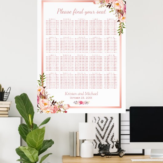 Floral Roos Gold | 20 Tables Wedding Seating Chart Poster (Thuiskantoor)