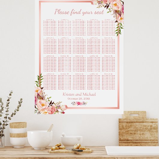 Floral Roos Gold | 20 Tables Wedding Seating Chart Poster (Keuken)