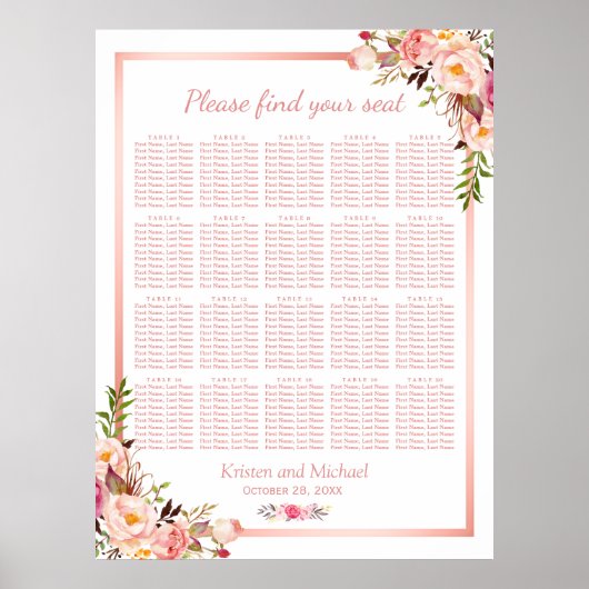 Floral Roos Gold | 20 Tables Wedding Seating Chart Poster (Voorkant)