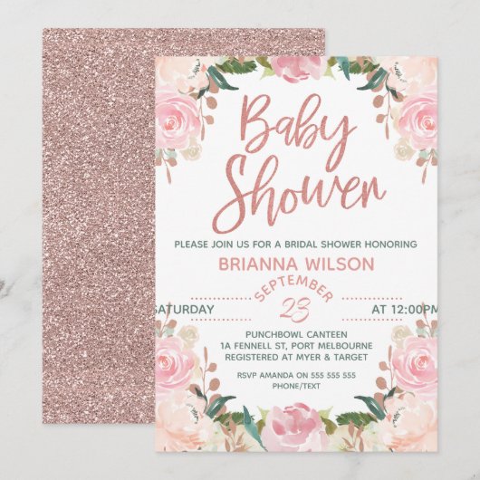 Floral Roos Gold Baby shower Invitation Kaart (Voorkant / Achterkant)