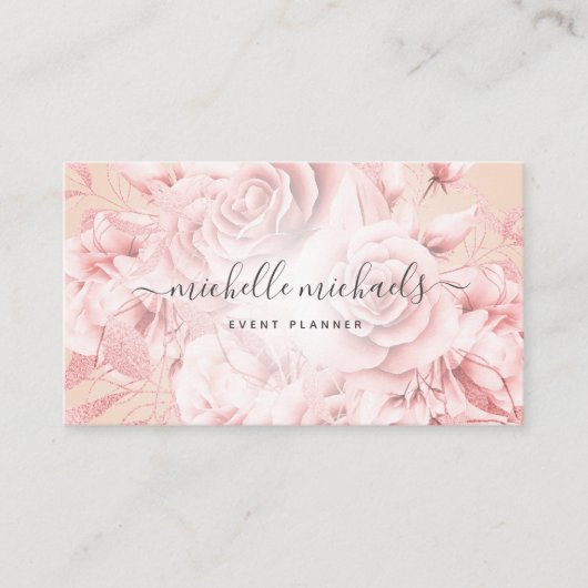 Floral Roos Gold Blush modern script Visitekaartje (Voorkant)