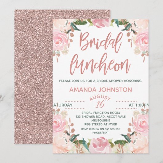 Floral Roos Gold Bridal Luncheon Kaart (Voorkant / Achterkant)