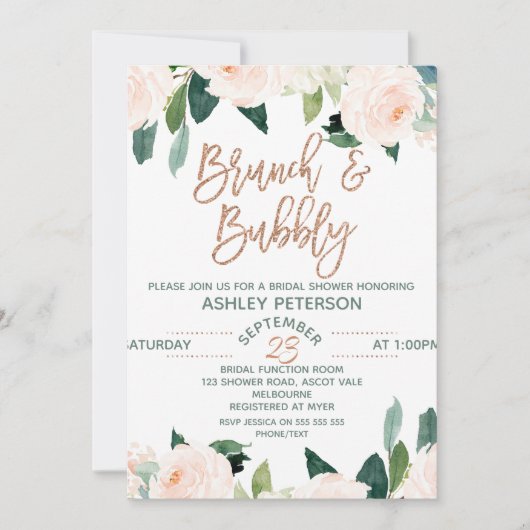 Floral Roos Gold Brunch Bubble Bridal Invitation Kaart (Voorkant)