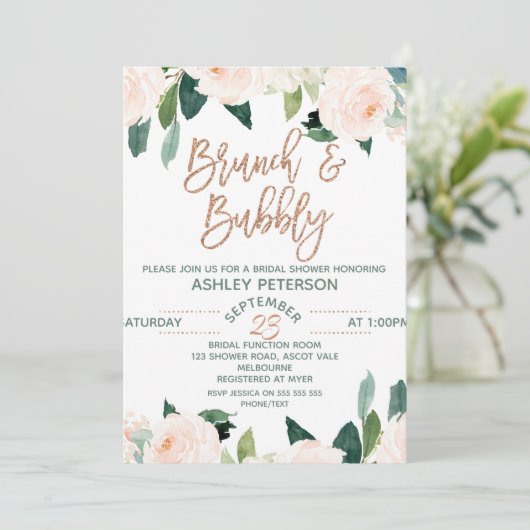 Floral Roos Gold Brunch Bubble Bridal Invitation Kaart (Staand voorkant)