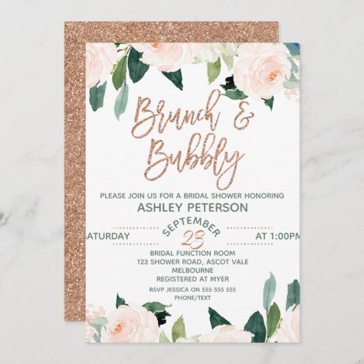 Floral Roos Gold Brunch Bubble Bridal Invitation Kaart (Voorkant / Achterkant)