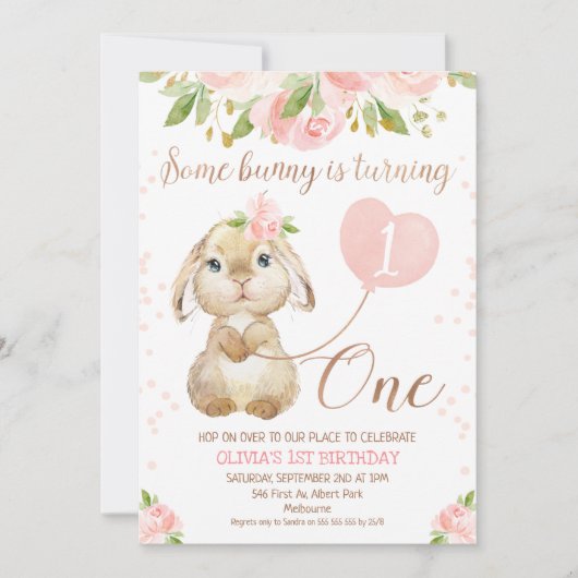 Floral Roos Gold Bunny 1st Birthday Uitnodiging (Voorkant)