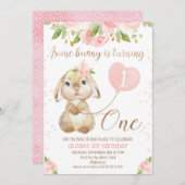 Floral Roos Gold Bunny 1st Birthday Uitnodiging (Voorkant / Achterkant)