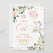 Floral Roos Gold Bunny Birthday Invitation Kaart (Voorkant)