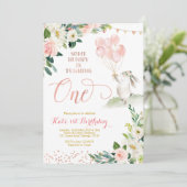 Floral Roos Gold Bunny Birthday Invitation Kaart (Staand voorkant)