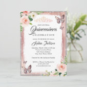 Floral Roos Gold Butterfly Sparkle Quinceanera Kaart (Staand voorkant)