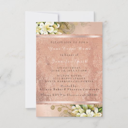 Floral Roos Gold Copper Metallic Blush Parly VIP Kaart (Voorkant)
