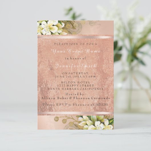 Floral Roos Gold Copper Metallic Blush Parly VIP Kaart (Staand voorkant)