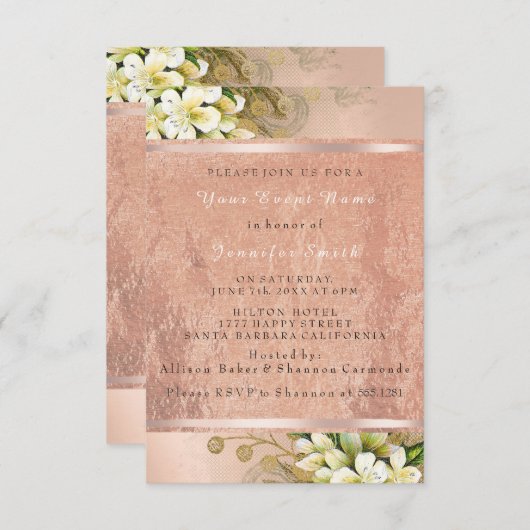 Floral Roos Gold Copper Metallic Blush Parly VIP Kaart (Voorkant / Achterkant)