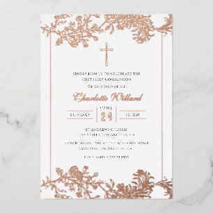 Floral Roos Gold Cross Meisjes Eerste Communie Fol Folie Uitnodiging