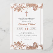 Floral Roos Gold Cross Meisjes Eerste Communie Fol Folie Uitnodiging (Voorkant)