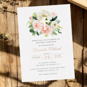 Floral Roos Gold Cross Meisjes Eerste Communie Folie Uitnodiging