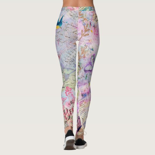 Floral Roos Gold Decoupage Voed Butterfly Script Leggings (Achterkant)
