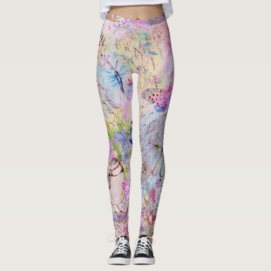 Floral Roos Gold Decoupage Voed Butterfly Script Leggings (Voorkant)