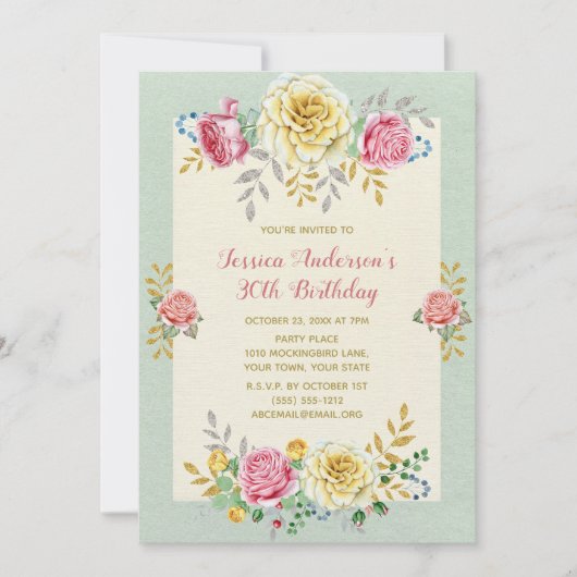 Floral Roos Gold Dertigste 30e verjaardag Uitnodig Kaart (Voorkant)
