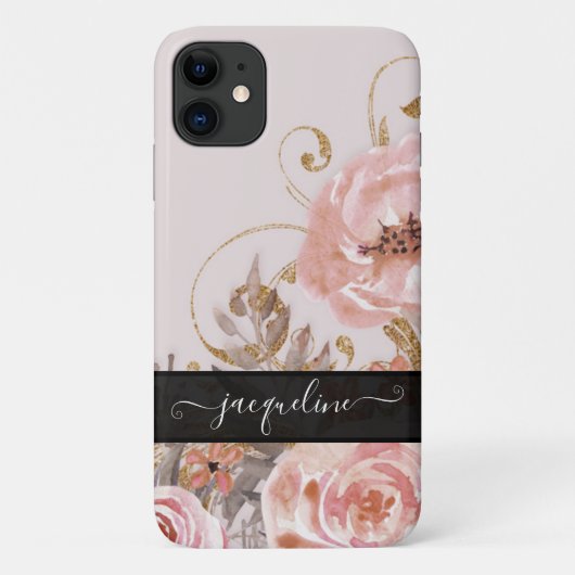 Floral  Roos Gold Elegant Waterverf Black Case-Mate iPhone Case (Achterkant)