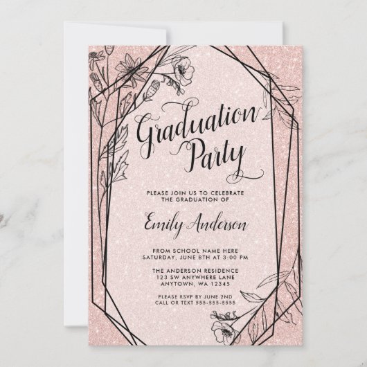 Floral Roos Gold Faux Glitter Graduation Party Kaart (Voorkant)