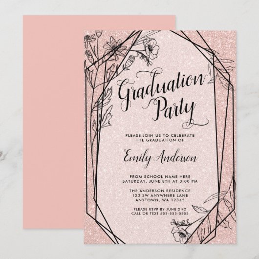 Floral Roos Gold Faux Glitter Graduation Party Kaart (Voorkant / Achterkant)