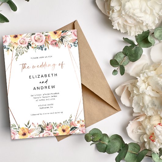 Floral Roos Gold Geometric Lijst Wedding Kaart