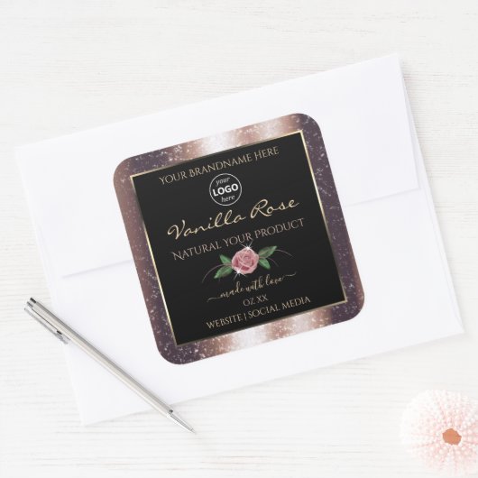 Floral Roos Gold Glitter Black Product Labels Logo (Envelop)