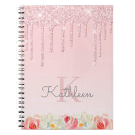 Floral Roos Gold Glitter Drives Ombre Monogram Notitieboek