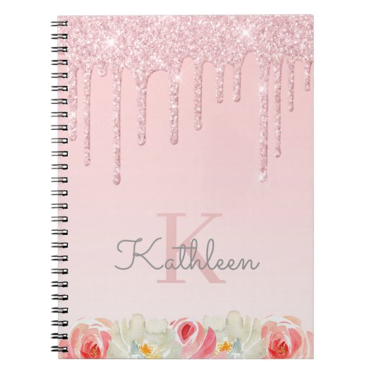 Floral Roos Gold Glitter Drives Ombre Monogram Notitieboek (Voorkant)