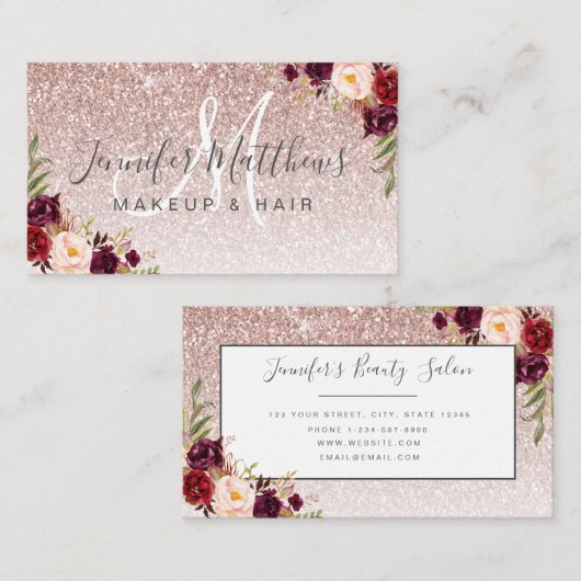 Floral Roos Gold Glitter Makeup Artist Hair Salon Visitekaartje (Voorkant / Achterkant)
