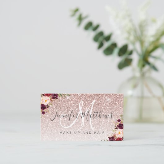 Floral Roos Gold Glitter Makeup Artist Hair Salon Visitekaartje (Staand voorkant)