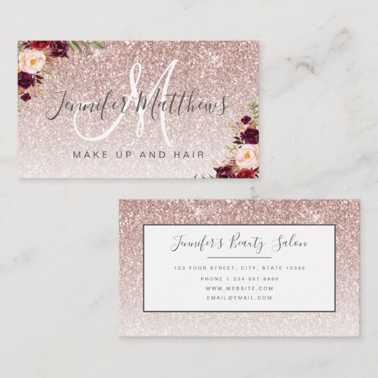 Floral Roos Gold Glitter Makeup Artist Hair Salon Visitekaartje (Voorkant / Achterkant)