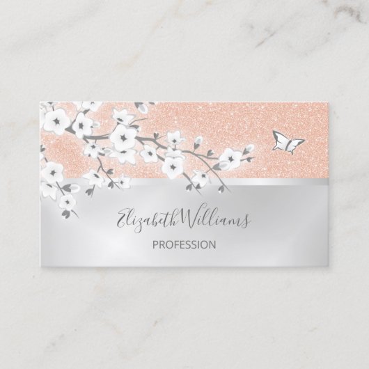 Floral Roos Gold Glitter Silver QR-code Visitekaartje (Voorkant)
