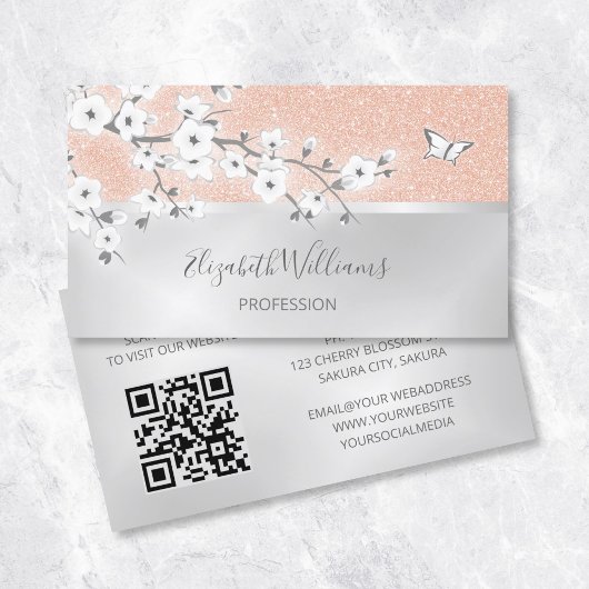 Floral Roos Gold Glitter Silver QR-code Visitekaartje