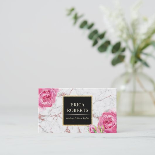  Floral Roos Gold Marble Makeup Artist Visitekaartje (Staand voorkant)