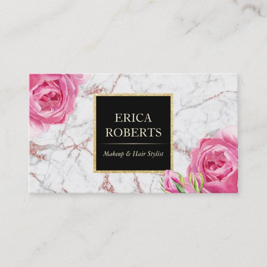  Floral Roos Gold Marble Makeup Artist Visitekaartje (Voorkant)