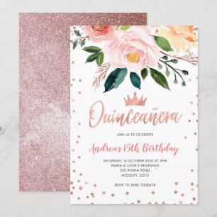 Floral Roos Gold Mexican Quinceañera Birthday Kaart