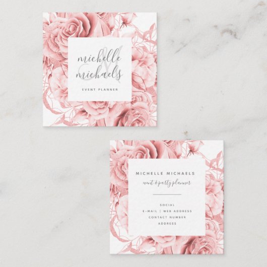 Floral Roos Gold Modern Script Monogram Vierkante Visitekaartje (Voorkant / Achterkant)