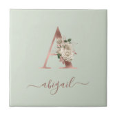 Floral Roos Gold Monogram Letter "A" salie groen Tegeltje (Voorkant)
