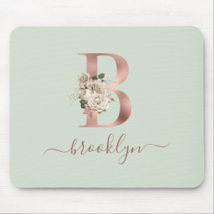 Floral Roos Gold Monogram Letter "B" Sage Green Muismat