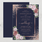 Floral Roos Gold Navy Blue Blush Pink Wedding Kaart (Voorkant / Achterkant)