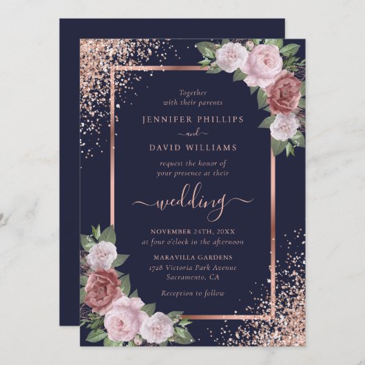 Floral Roos Gold Navy Blue Blush Pink Wedding Kaart (Voorkant / Achterkant)