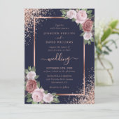 Floral Roos Gold Navy Blue Blush Pink Wedding Kaart (Staand voorkant)