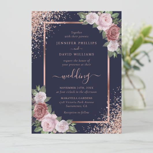 Floral Roos Gold Navy Blue Blush Pink Wedding Kaart (Staand voorkant)