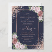 Floral Roos Gold Navy Blue Blush Pink Wedding Kaart (Voorkant)